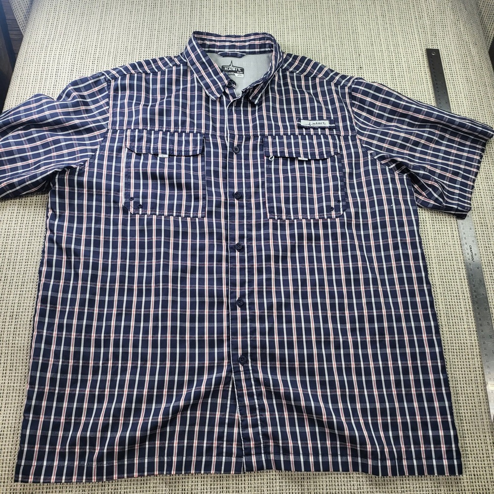 Habit Fishing Shirt Mens XL Navy Blue Plaid Short Sleeve UPF 40+ Ventilated Back